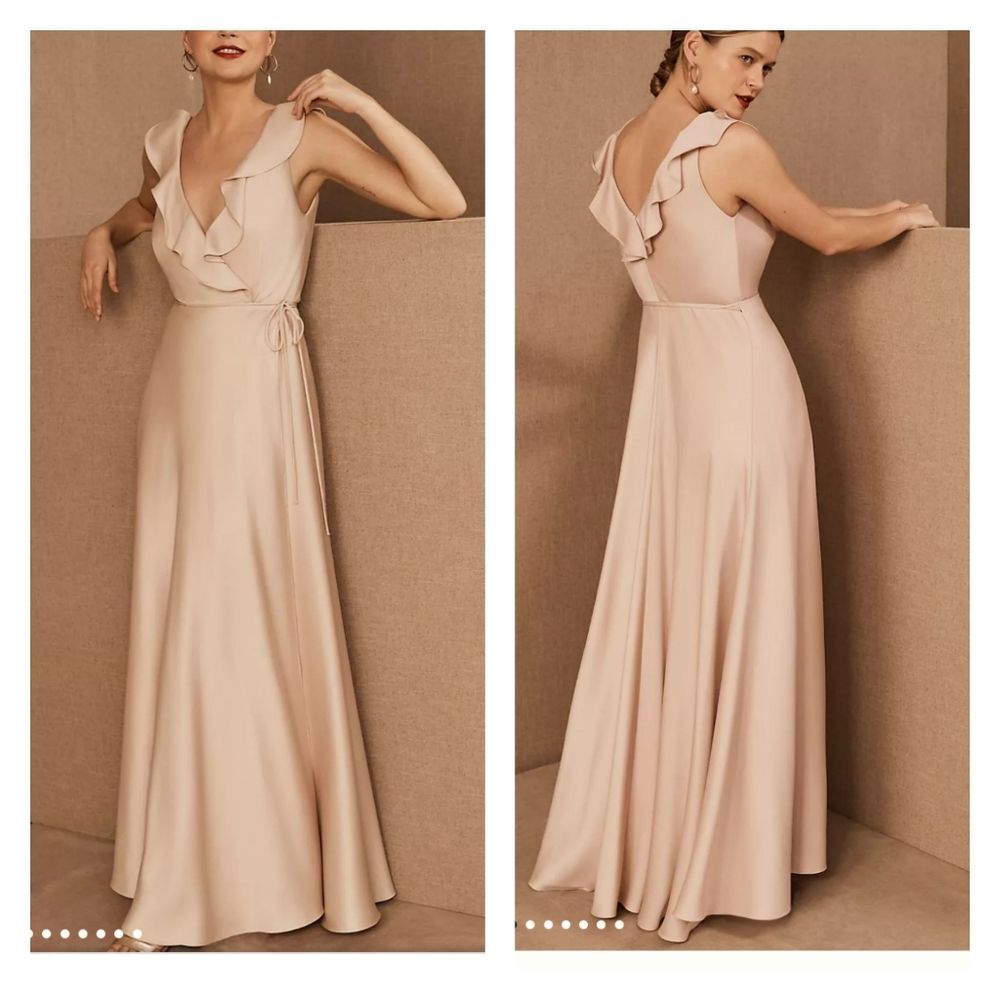 BHLDN Tansy Satin Ruffle Neckline Wrap Maxi Dress Gown in Oyster Sz 4 #60369113